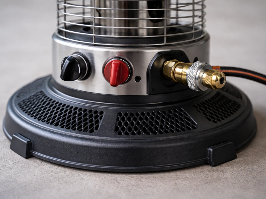 Close-up of a tabletop propane heater’s safety tip-over base and control knobs/regulator connection