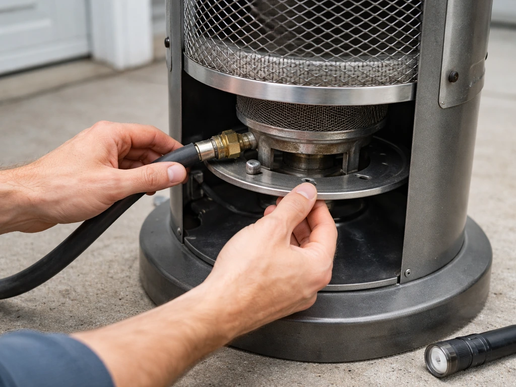 Hands inspect the propane regulator hose and burner area on a cool, off outdoor heater.