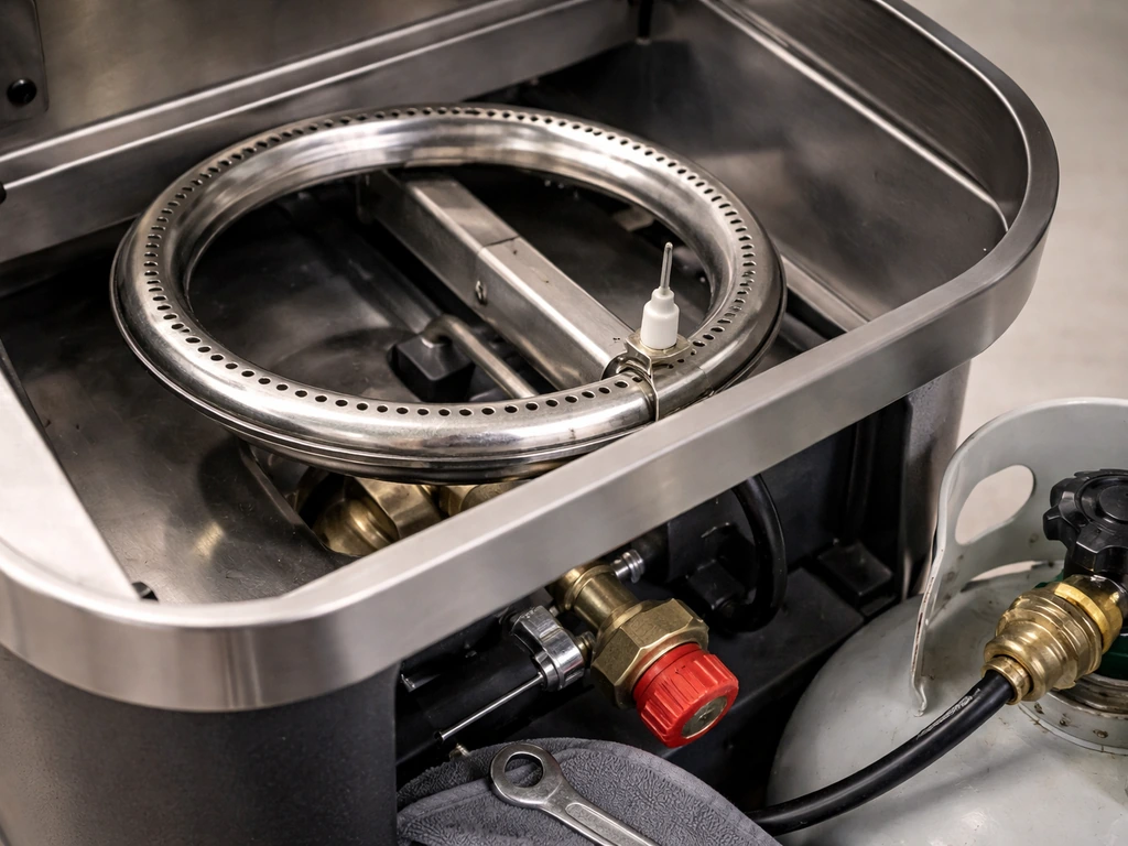 Close-up of a gas grill burner and igniter area with a propane valve knob in view