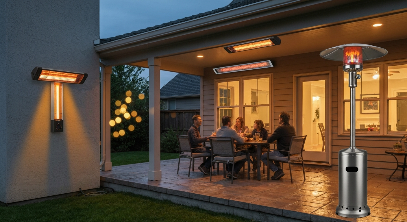 Dusk patio with three wall-mounted patio heaters (tungsten-style, slim carbon panel, gas infrared) warming seated diners.