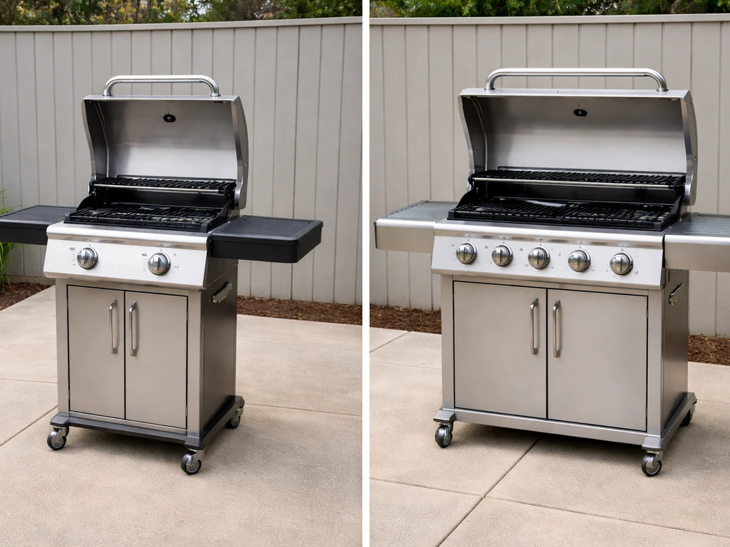 Two side-by-side patio gas grills: compact balcony model and larger full-size model in a clean outdoor patio.