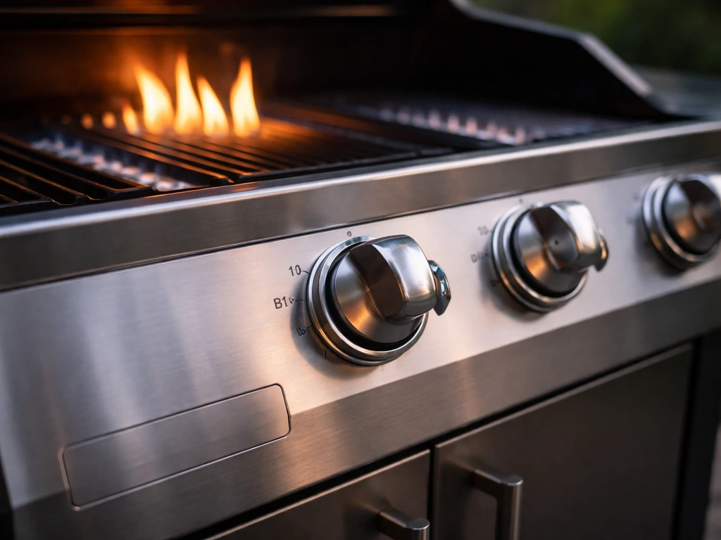 Close-up of a gas grill control panel with highlighted BTU knob and two-zone flame height in the background.