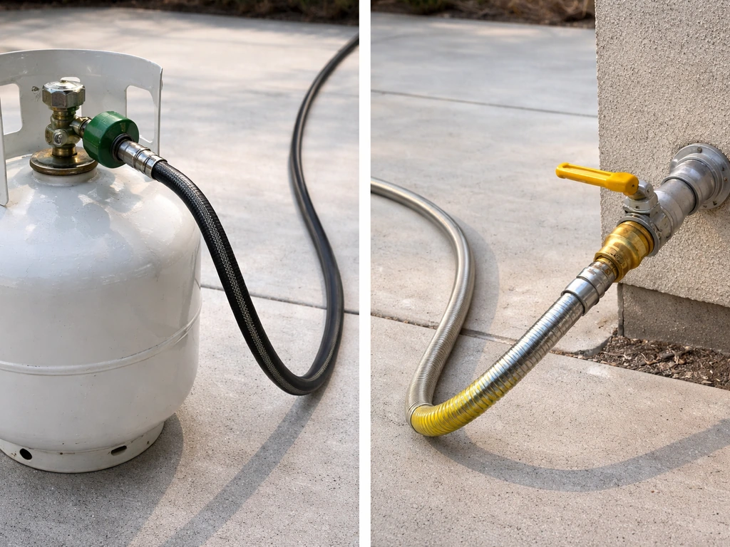 Two patio grill fuel connections side by side: propane tank regulator coupling and natural gas line fitting.