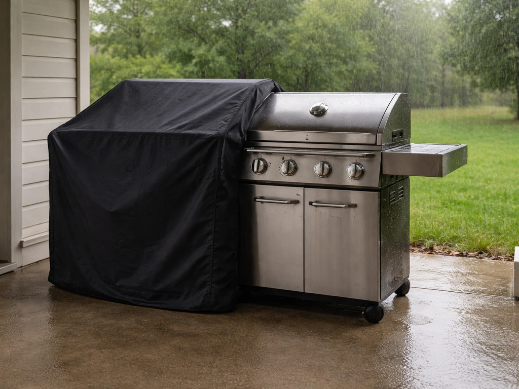 Covered patio grill with protective cover beside an uncovered setup with stainless components exposed to weather.