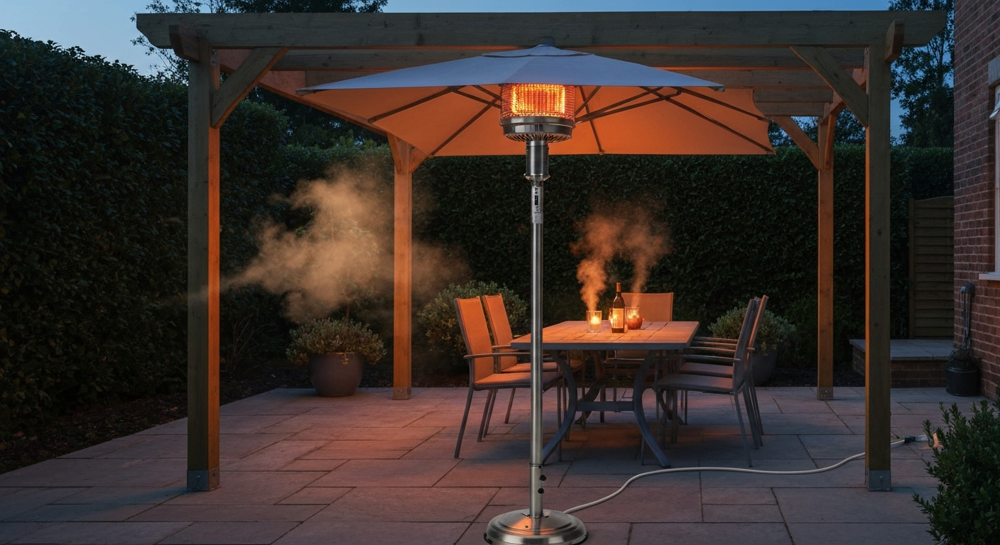 Covered patio in evening with a parasol-mounted halogen patio heater glowing above a dining table of four