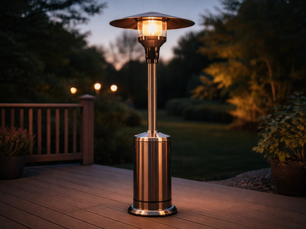 Frontgate patio heater glowing on a cozy home patio at dusk, warm light and premium design