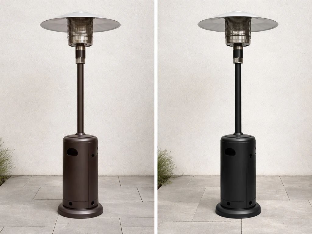 Side-by-side comparison of two patio heaters: mocha finish on the left and black finish on the right.