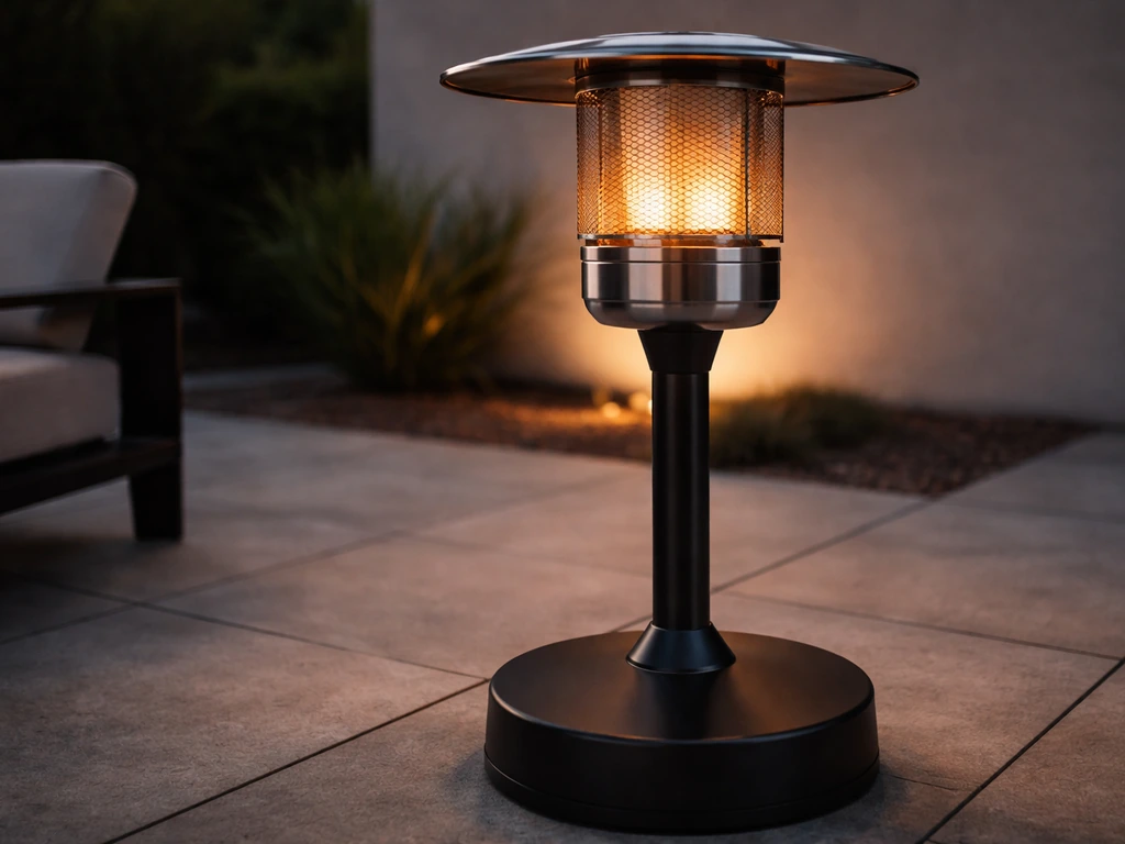 Close view of a luxury patio heater with warm glow in a quiet outdoor patio setting