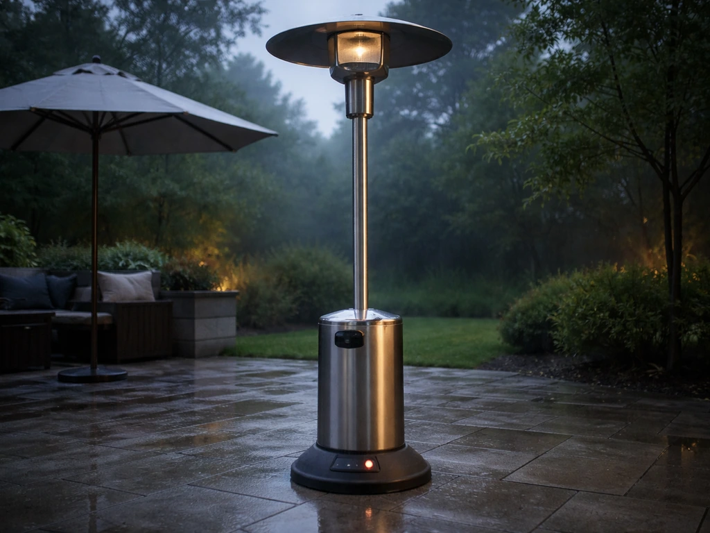 Single propane patio heater outdoors with emphasized stable base and safety tilt indicator, misty weather.