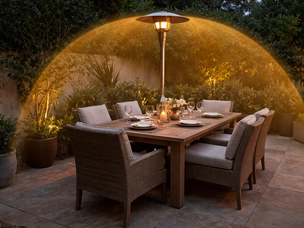 Outdoor patio dining table for four to six with a cozy heater nearby and soft warm ambiance