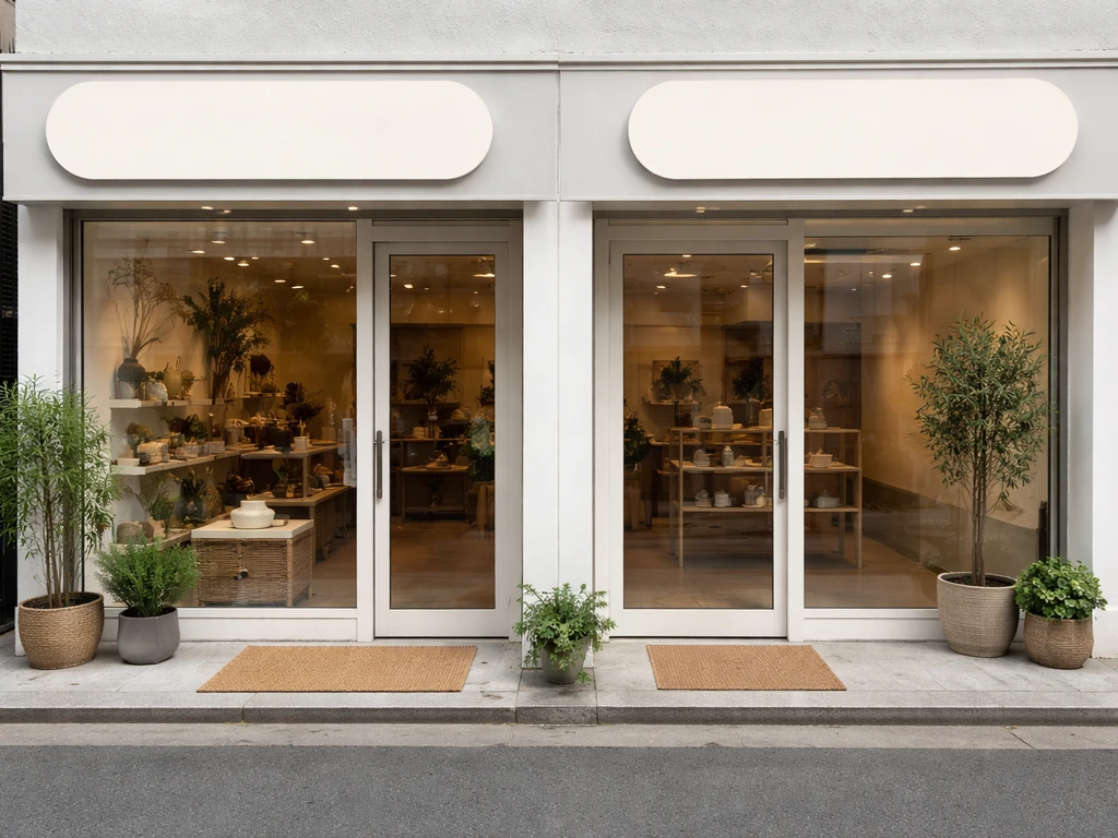 Two similar storefronts side-by-side on a quiet street to illustrate name confusion between retailers.