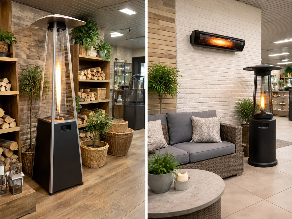 Two minimal side-by-side views of patio heater product displays in a rustic home store setting