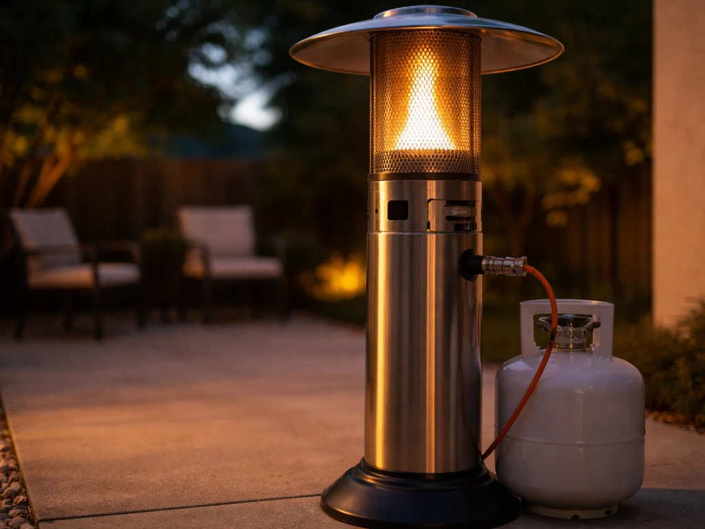 A propane patio floor heater connected to a gas cylinder on a quiet backyard patio.