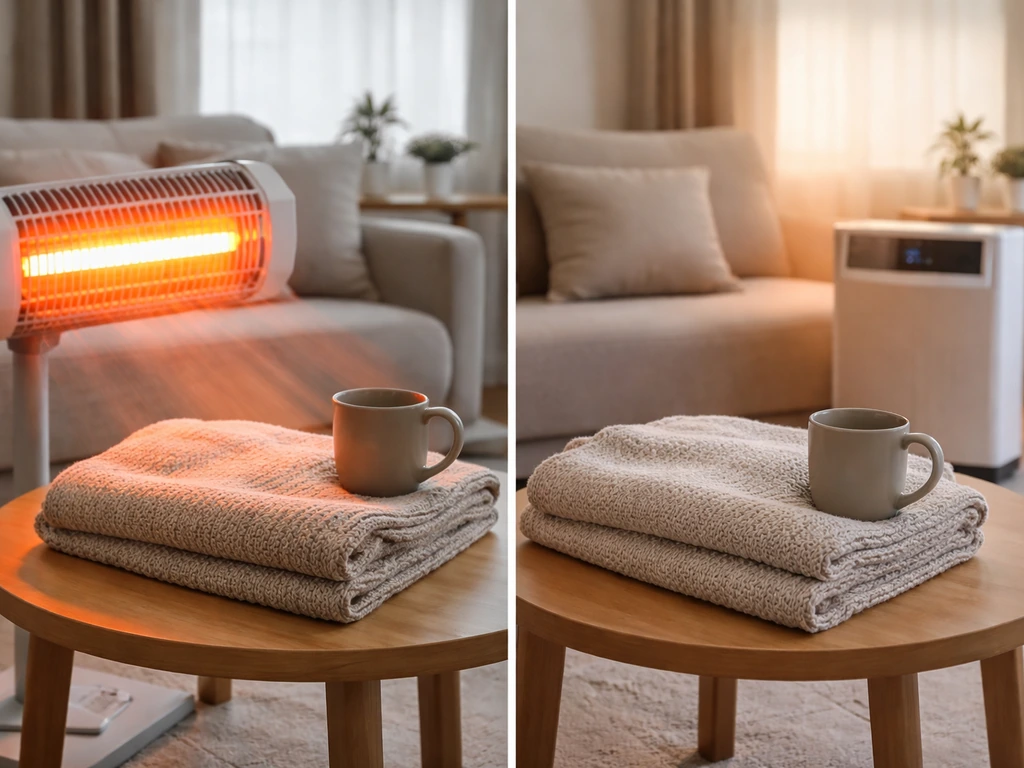Minimal split-scene showing infrared heater warming an object directly versus convection heater warming surrounding air.
