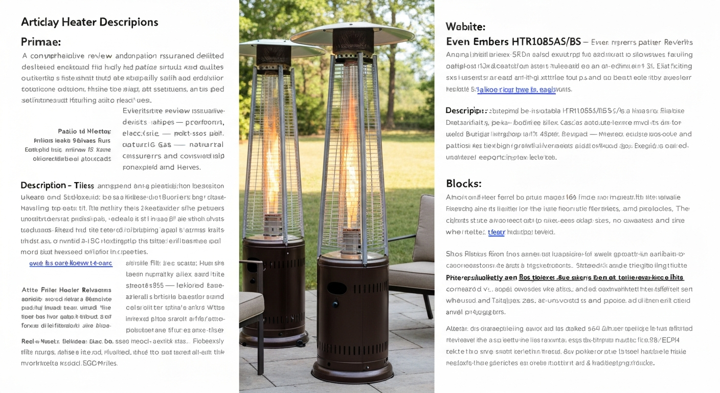 Even Embers HTR1085AS/BS pellet patio heater fully assembled on a patio with visible flame.