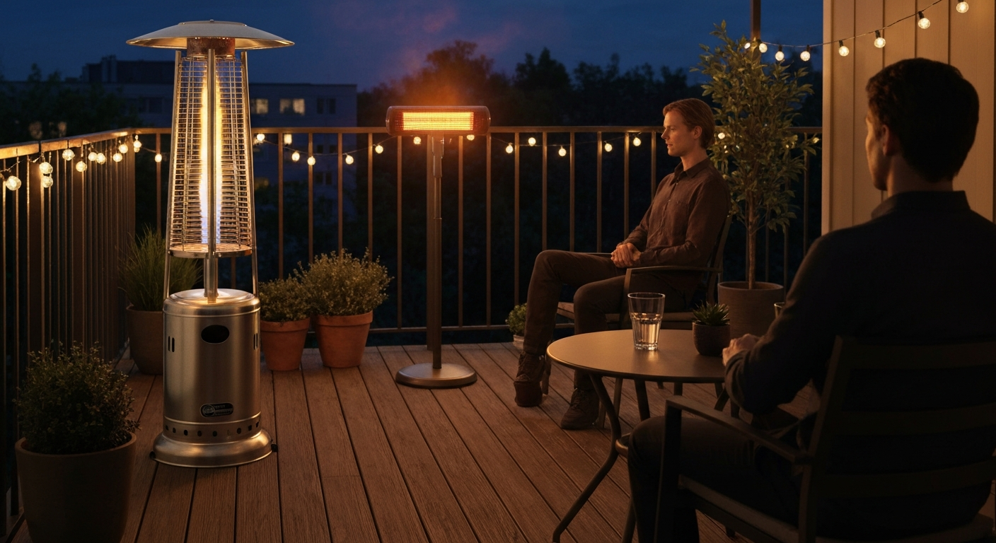 Small deck at dusk with a stainless tabletop propane heater on a bistro table and a compact freestanding electric infrared heater, warm glow and heat shimmer visible, two seated silhouettes.