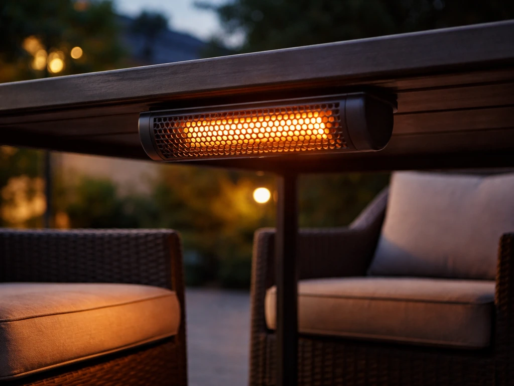 Compact electric infrared patio heater under a patio table, radiant warmth aimed toward two outdoor seats.