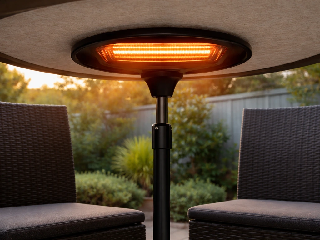 Infrared patio heater under a garden table with warm radiant glow aimed at empty seating area.