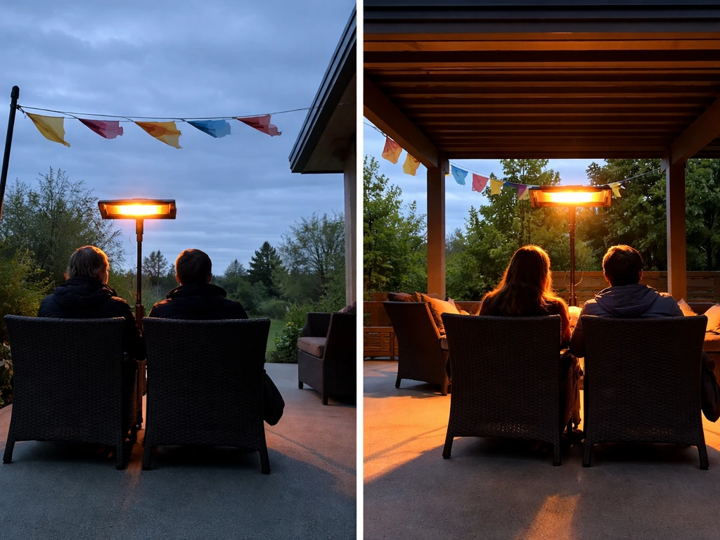 Breezy uncovered patio with moving flags beside a sheltered covered patio where seated people look warmer.