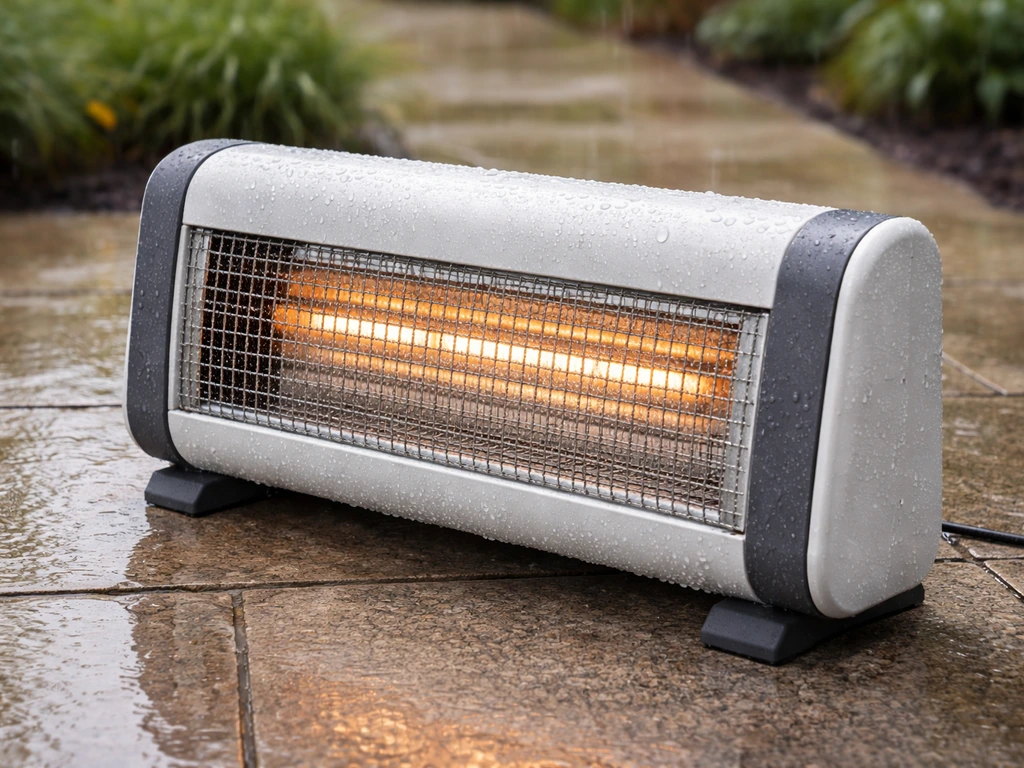 Outdoor electric appliance with burn-proof front guard and touch-safe casing under light drizzle, safety-focused.