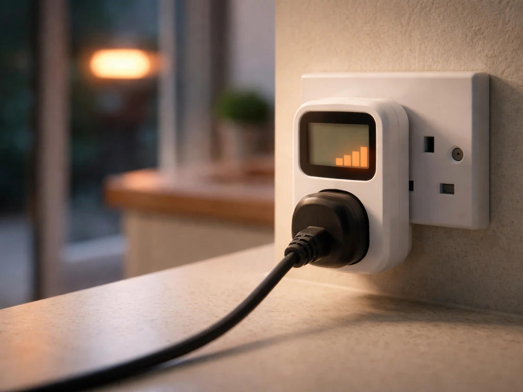 Close-up of a plug-in energy monitor indicating an electric heater’s low power draw during operation.
