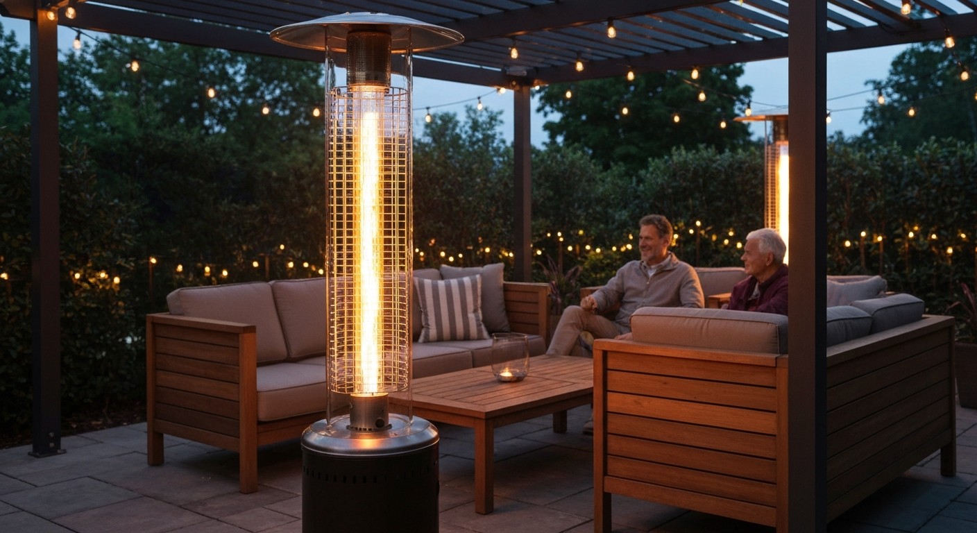 Evening patio with a glowing glass-tube quartz heater casting warm light on seated people under a pergola.