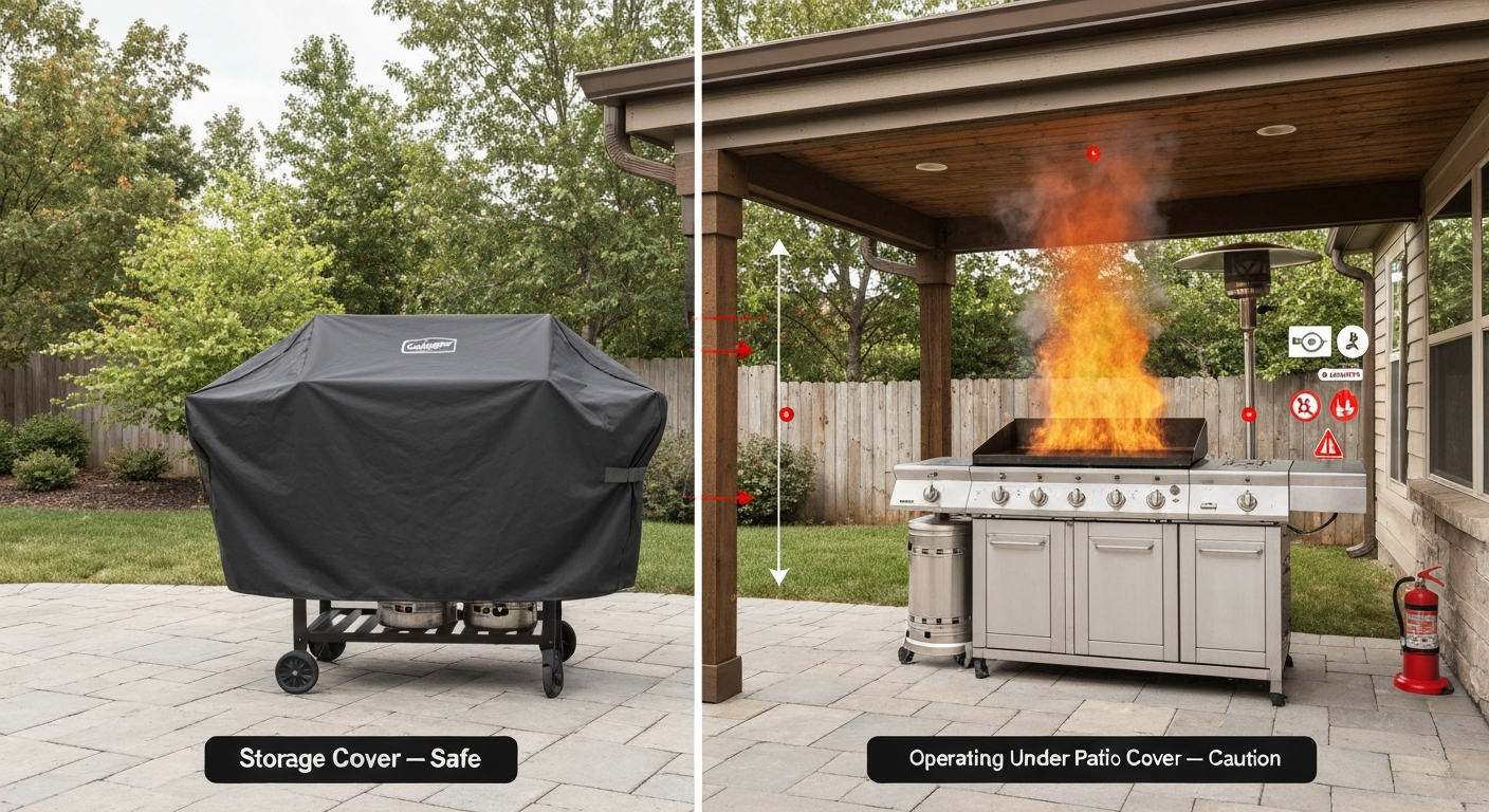 Split-scene: left—Camp Chef–style flat-top griddle covered with a protective storage cover; right—same griddle operating under a patio roof with heat plume and warning icons, clearance callout and safety icons.