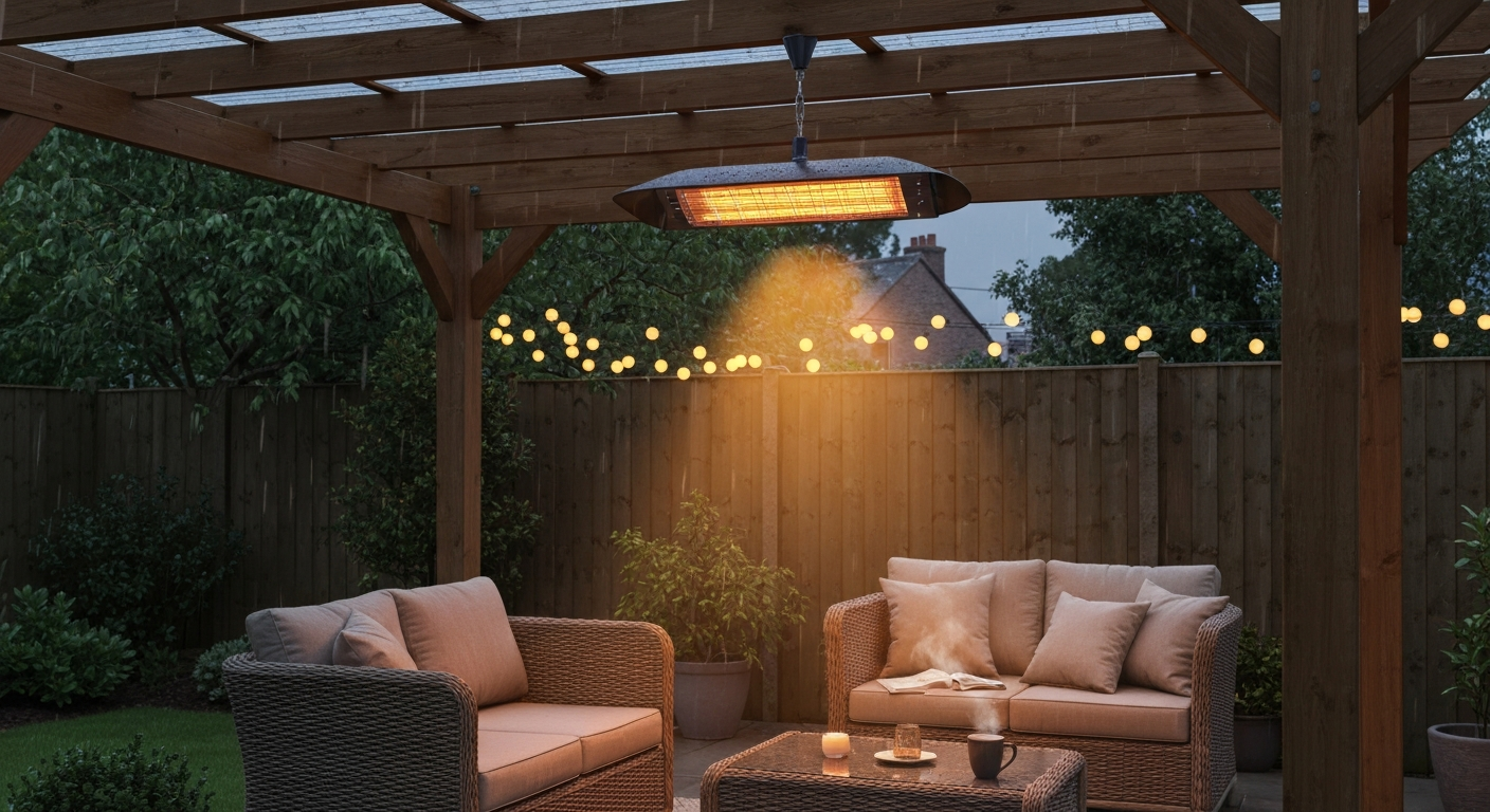 Covered UK patio at dusk with a hanging infrared pendant heater glowing over a seating area