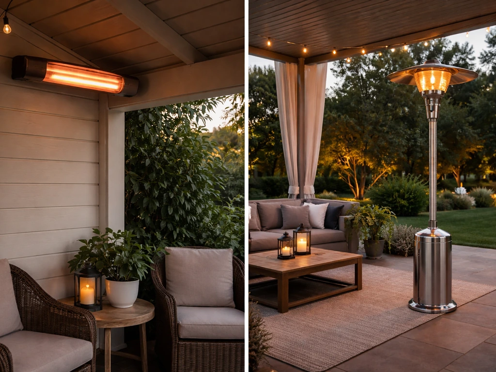 Two side-by-side photos showing a small covered patio heater setup and a larger outdoor setup comparison