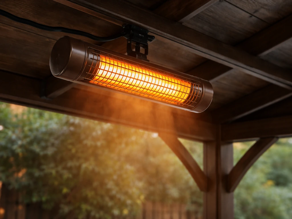 Close photo of an electric infrared gazebo heater mounted under a covered outdoor structure, glowing heat area.