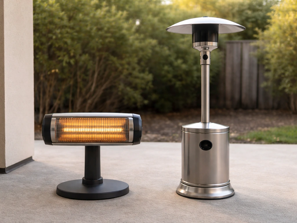 Two compact outdoor heaters side by side on a patio, one electric infrared and one propane, simple minimal comparison sc