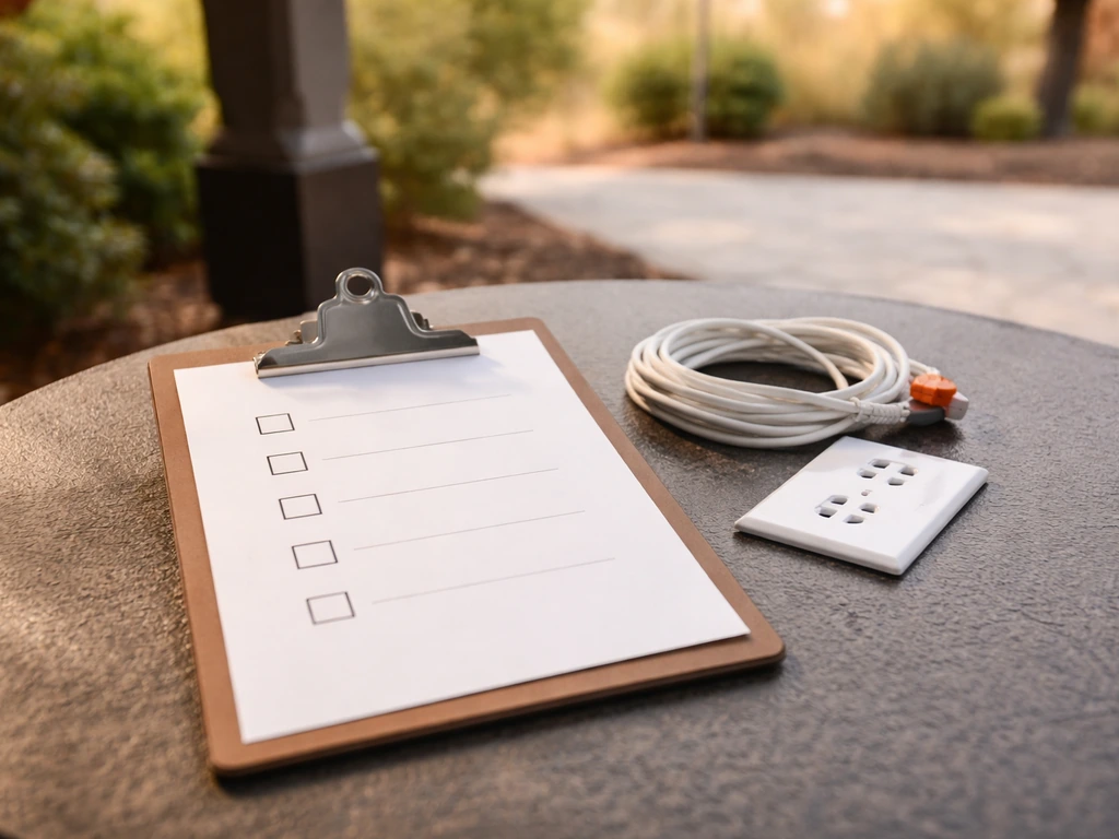 Minimal photo of a patio heater buying checklist on a clipboard near an outlet and outdoor mounting area