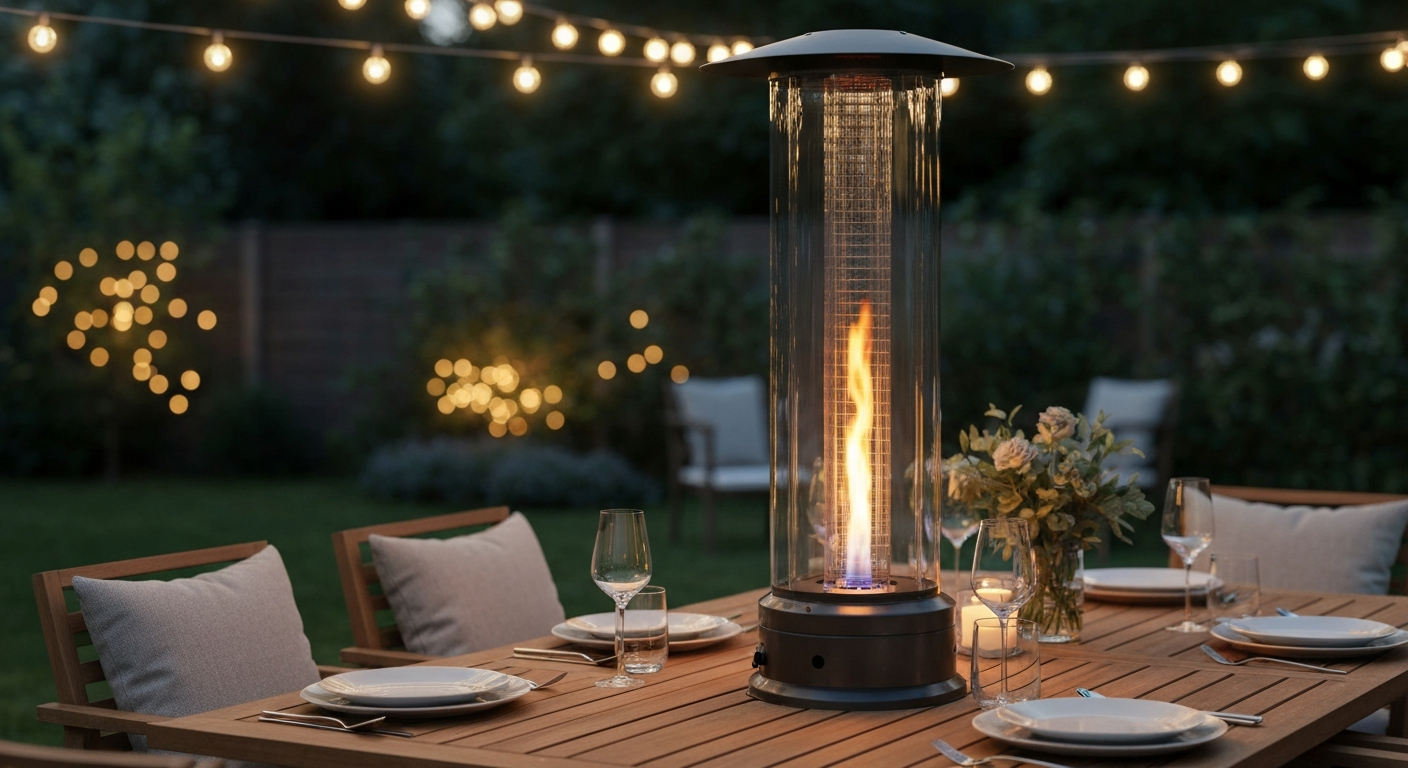 Evening patio dining scene with a glass-tube tabletop patio heater as a warm centerpiece on a wooden table.
