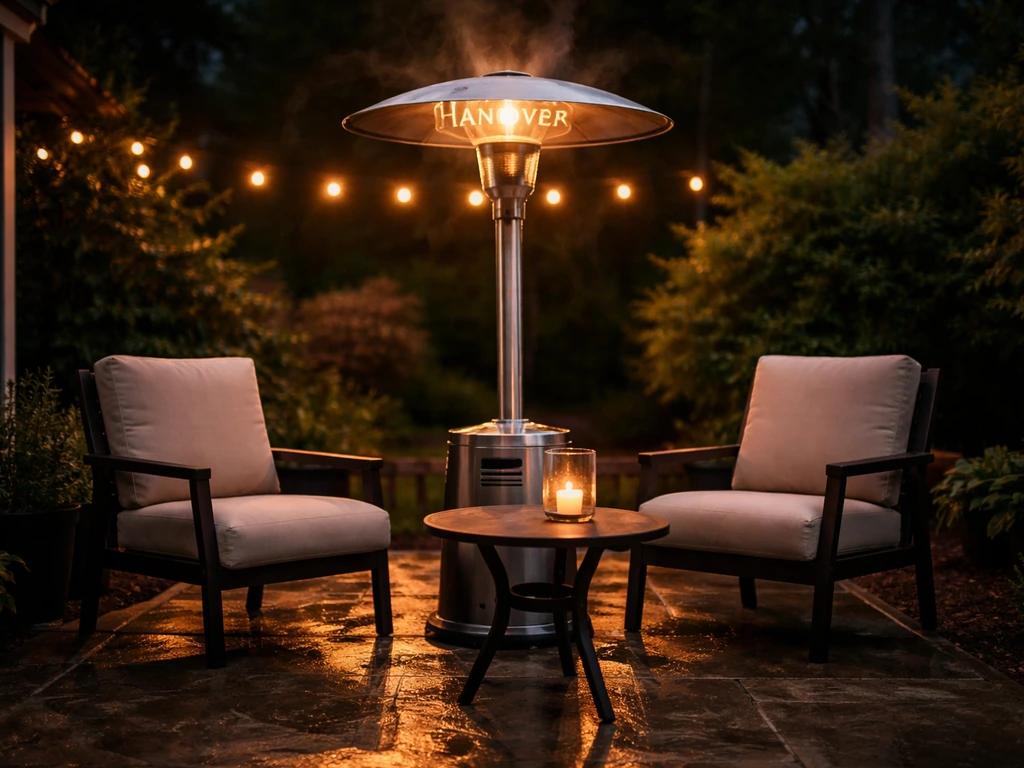 Umbrella-style Hanover patio heater warming a small outdoor seating area at dusk.