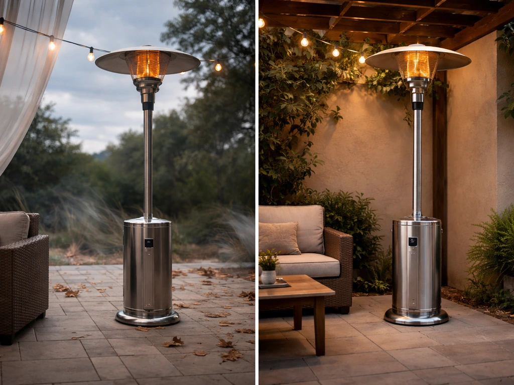 Side-by-side patio scenes showing a heater in an exposed windy spot versus correctly sheltered placement.