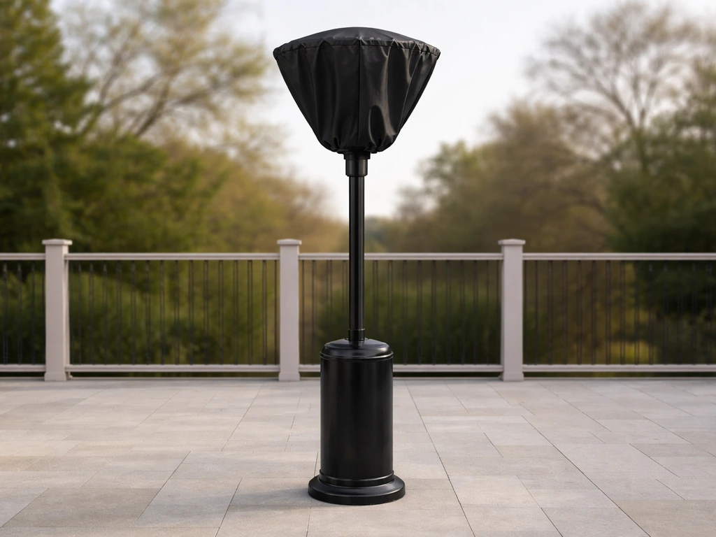 Black steel umbrella patio heater with attached weather cover in a simple outdoor setting