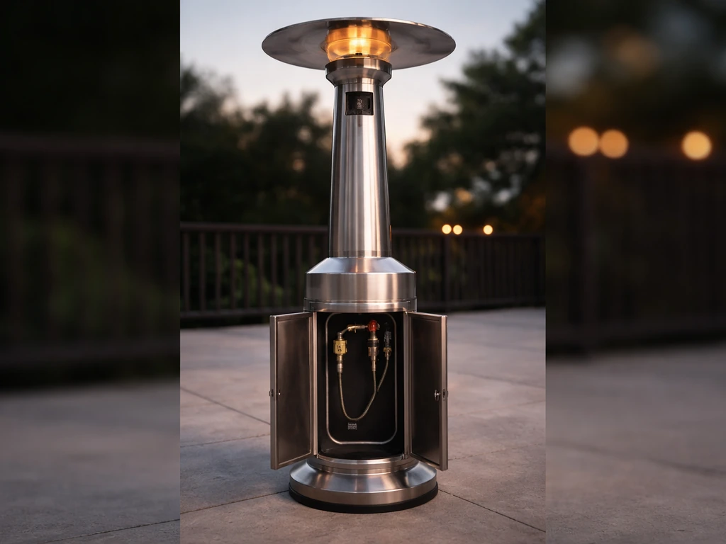 Stainless steel dual-fuel propane/natural gas patio heater with visible fuel interface on a simple patio