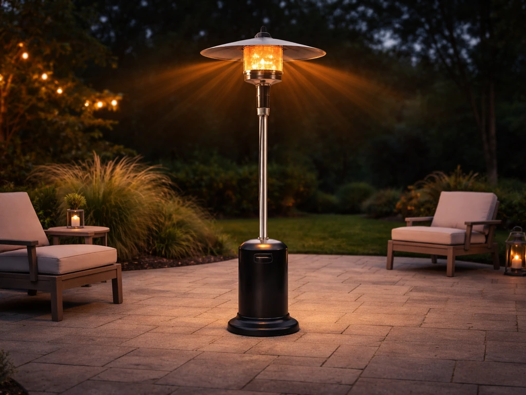 Photoreal patio scene showing a single 48,000 BTU propane umbrella heater centered for efficient coverage