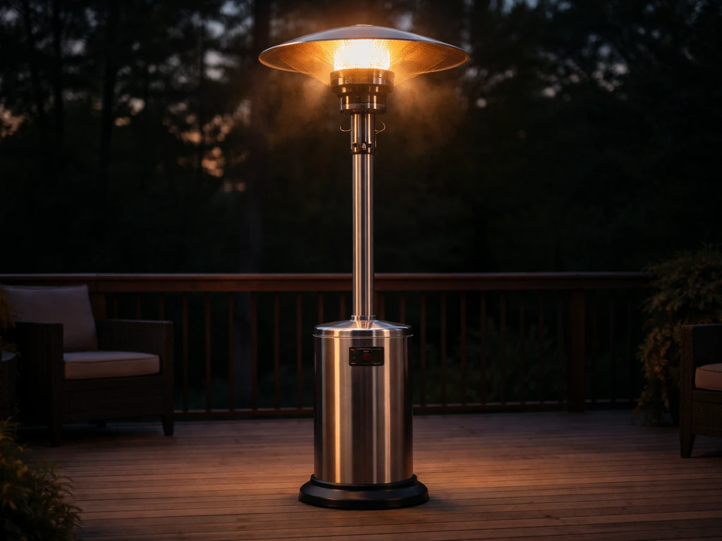Dusk patio scene with a Fire Sense Performance Series LPG patio heater glowing with visible warm heat.
