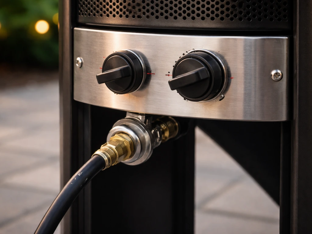 Close-up of a freestanding patio heater control area with LPG/propane fuel connection details.