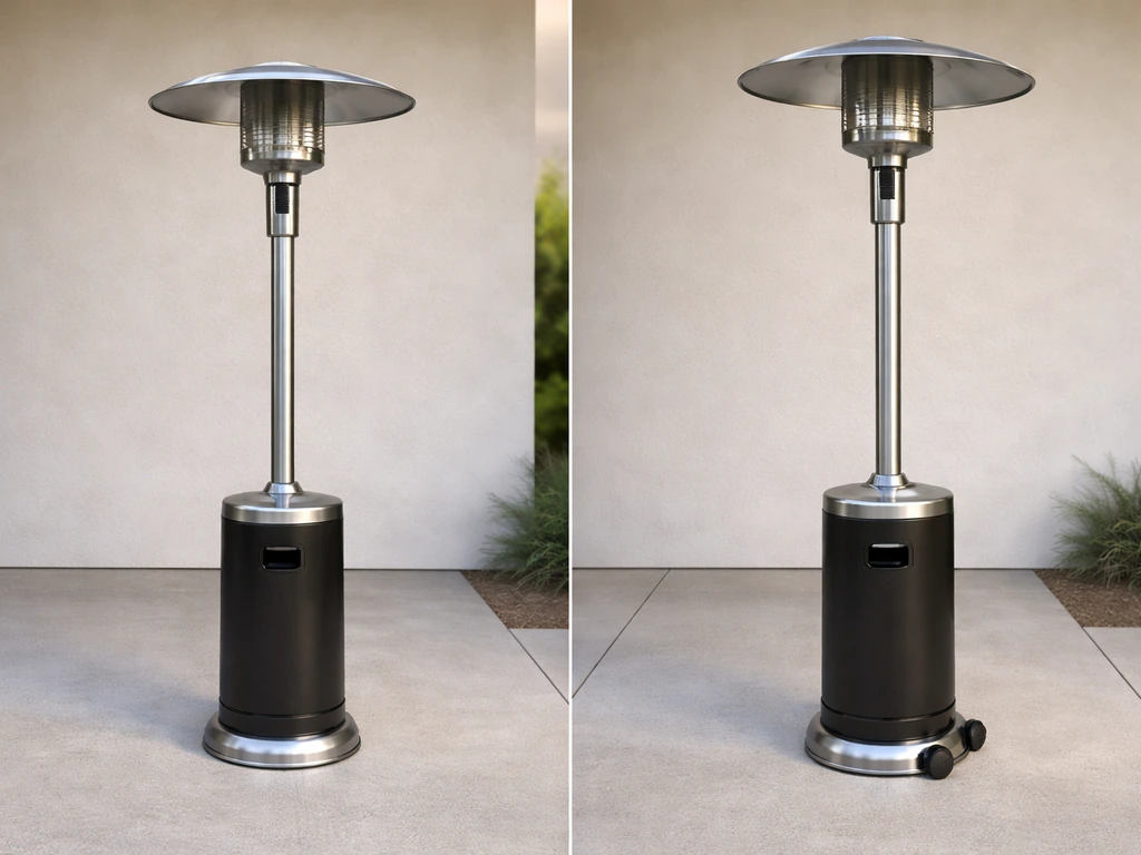 Two outdoor LPG patio heaters side-by-side: a lower 46,000 BTU-style unit and a taller wheeled 50,000 BTU-style unit.
