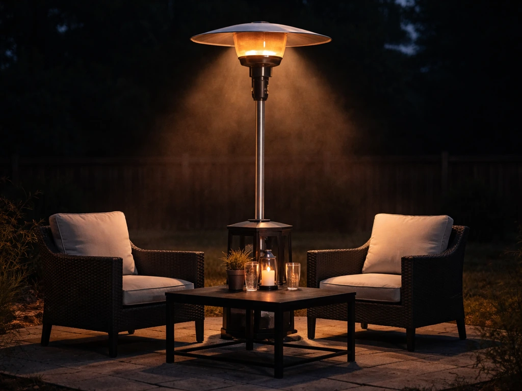 Outdoor propane patio heater positioned centered over a small seating area under a clear night sky.