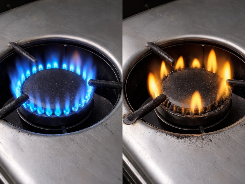 Close-up of propane burner with blue healthy flame on one side and yellow sooty flame on the other.