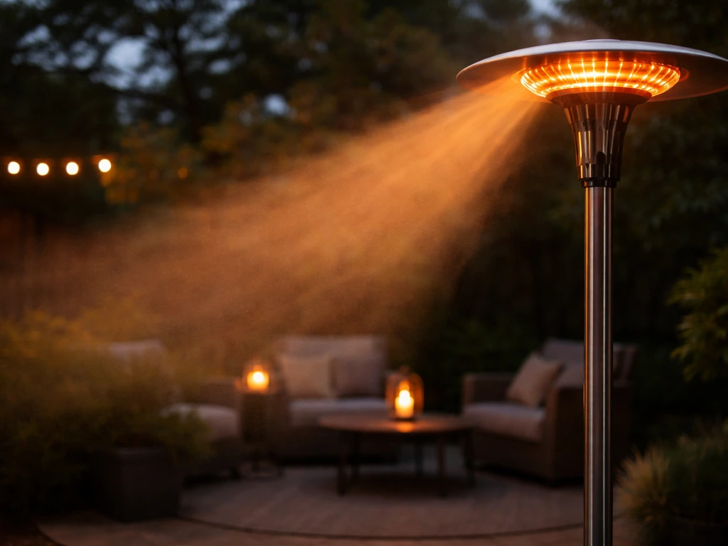 Infrared patio heater aimed forward, with a warm cone of haze showing directional heating and airflow.