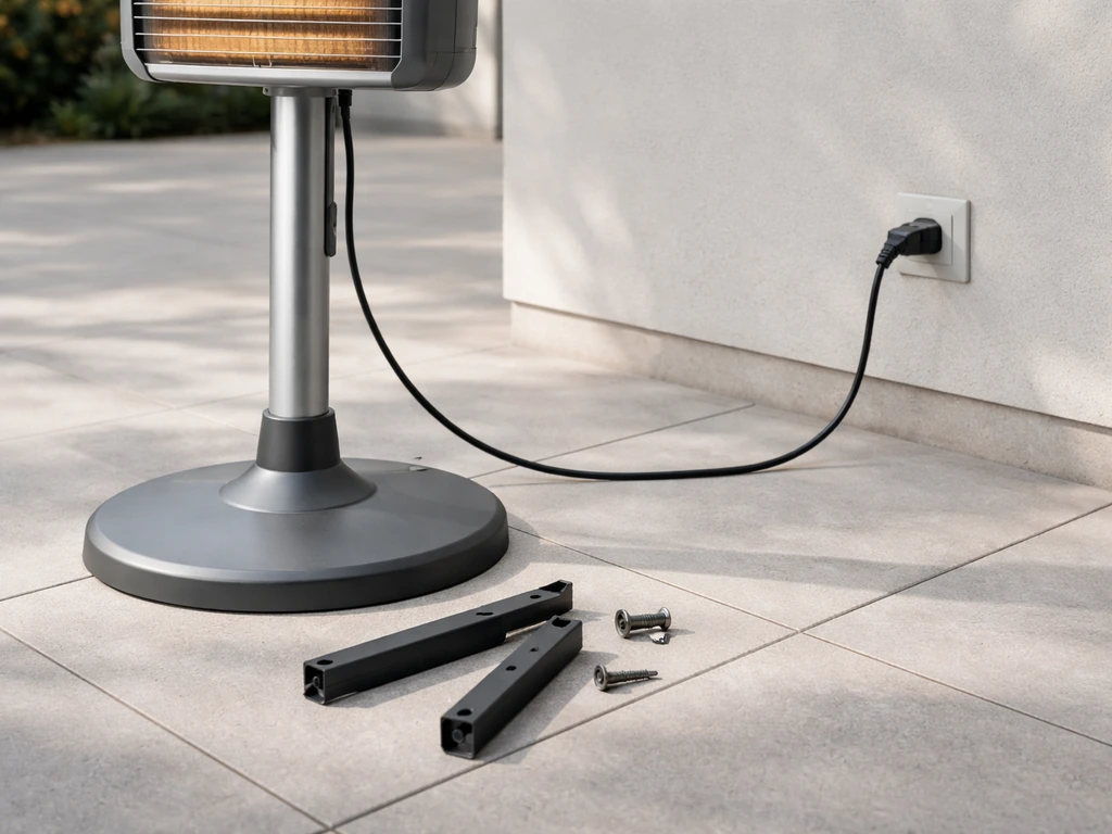 Freestanding heater on a patio with stand partly assembled and power cord routed to a visible plug