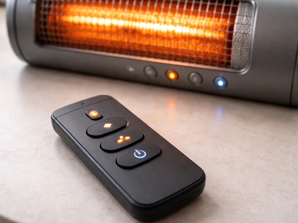 Close-up of a handheld remote with timer and power buttons next to an infrared heater control panel.
