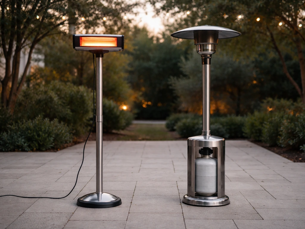 Two patio heaters side-by-side: an electric infrared unit and a propane infrared unit on a patio.