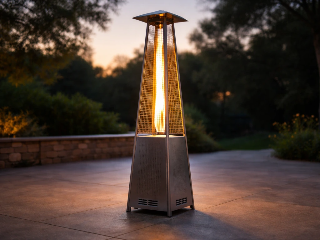 Pyramid flame patio heater with visible flame column on a patio at dusk