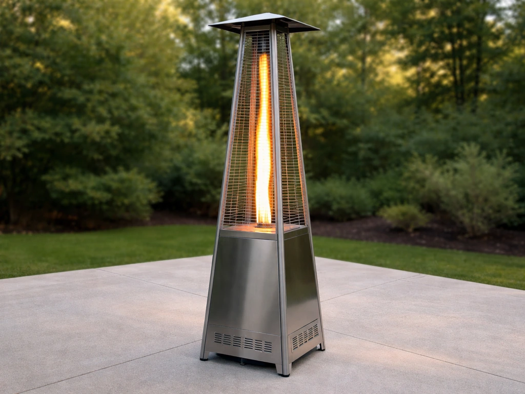 Front three-quarter view of a pyramid-flame patio heater with a glowing vertical glass flame column.