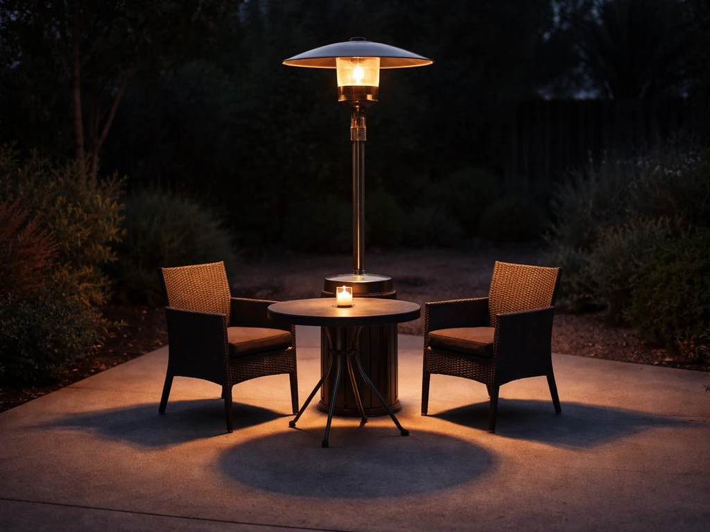 Patio seating area with warm glow near a mushroom-top heater fading into cooler light farther away